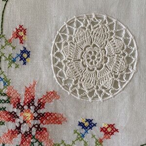 Vintage Italian Tablecloth Handmade Embroidered lace and doily details Square